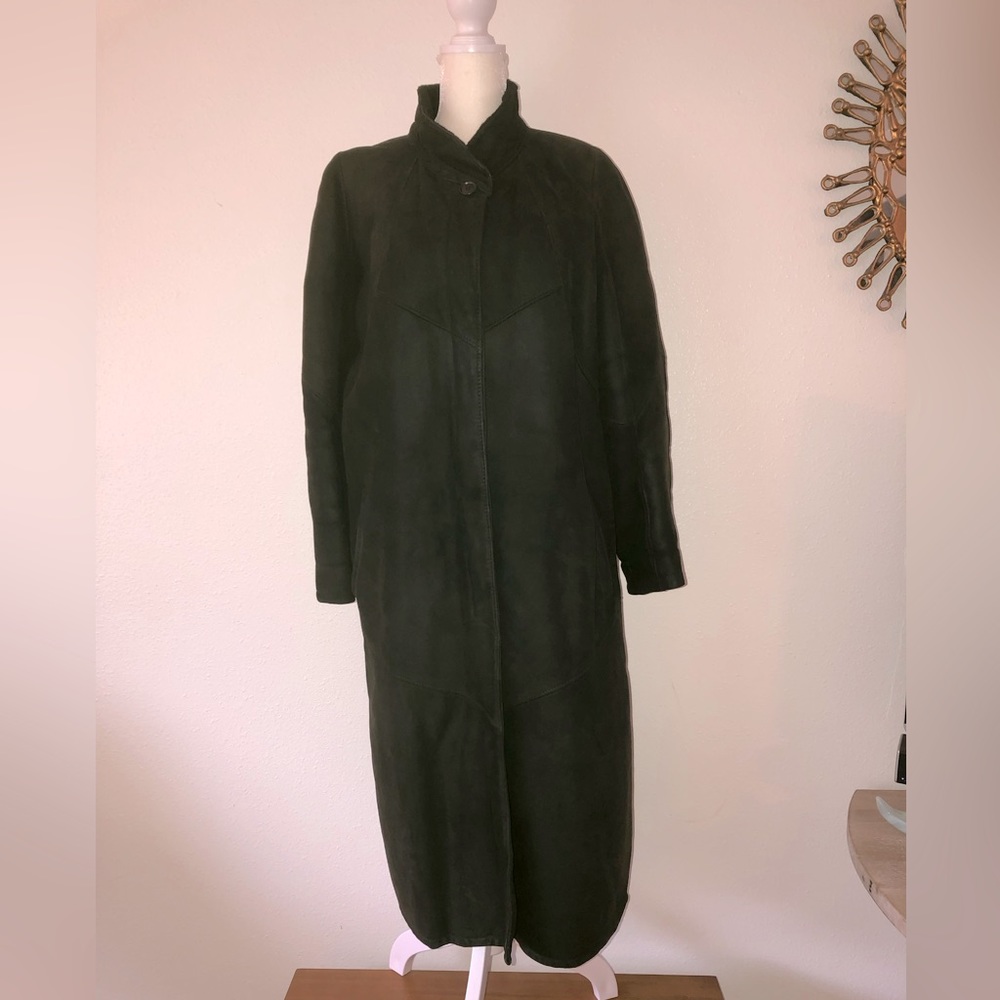 Custom Made Full Length Black Leather Shearling Coat.